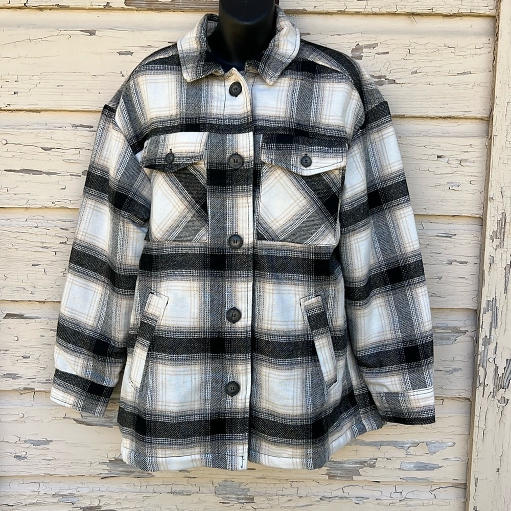 Love Tree Fleece Lined Plaid Oversized Western Chore Jacket Shacket Coat Med H - Picture 5 of 9